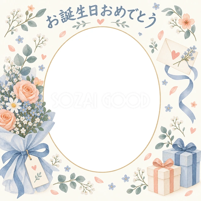 贈り物と小花の誕生日イラスト