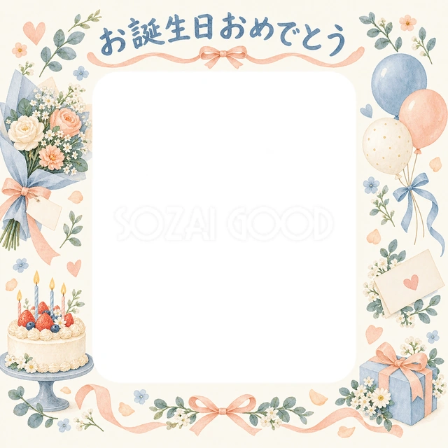 ケーキと花束の誕生日イラスト