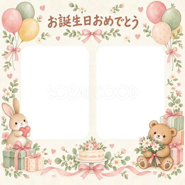 風船と贈り物の誕生日イラスト