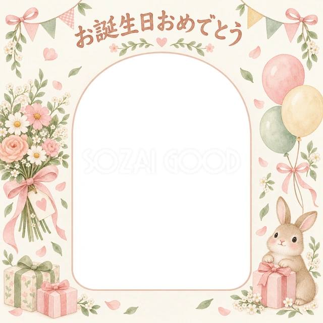 花束とガーランドの誕生日イラスト