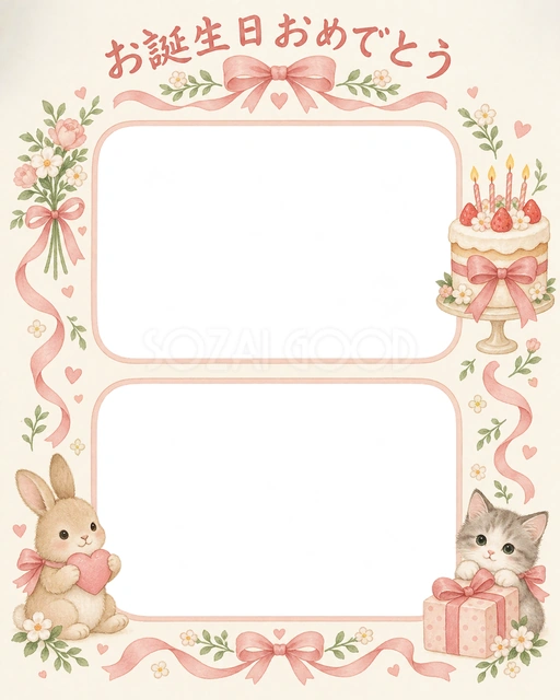 リボンとケーキの誕生日イラスト