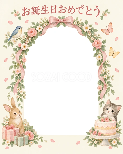 花のアーチの誕生日イラスト