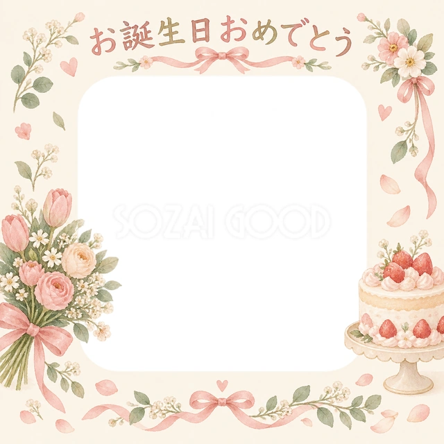 ケーキと花束の誕生日イラスト