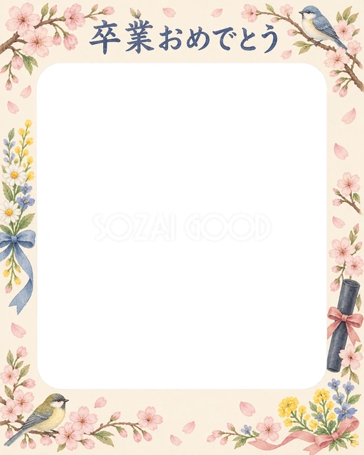 春の花と小鳥の卒園・卒業イラスト
