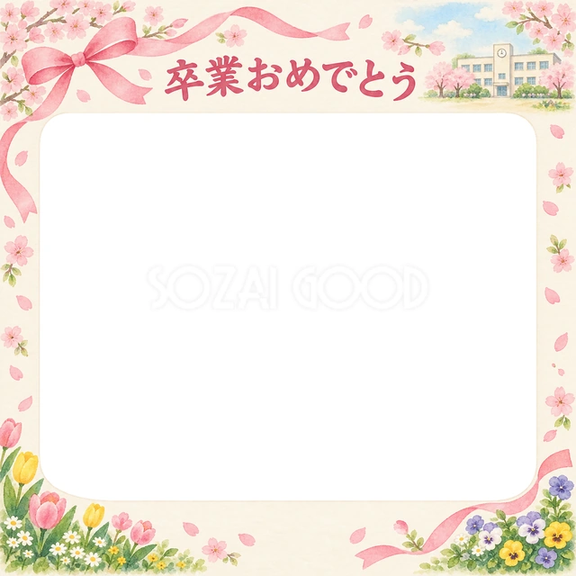 桜とリボンの卒園・卒業イラスト