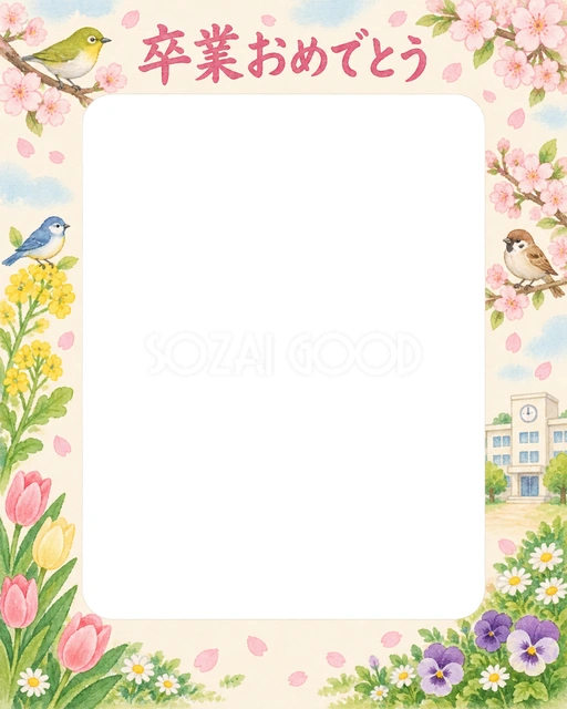 春の花と小鳥の卒園・卒業イラスト
