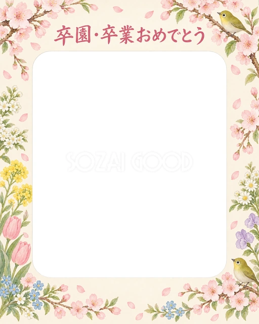 春の花と小鳥の卒園・卒業イラスト