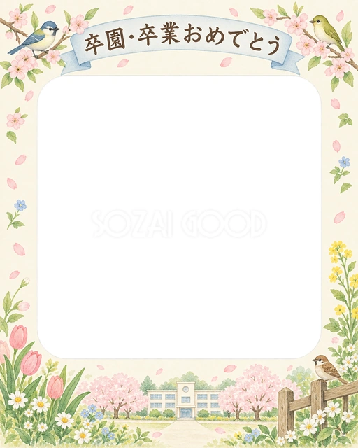 春の花と小鳥の卒園・卒業イラスト