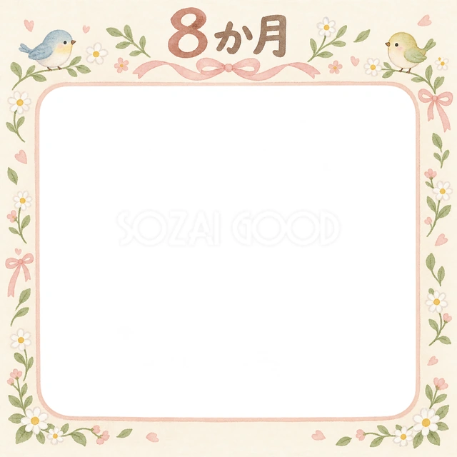 月齢8か月の記念写真を飾れる、無料のイラスト素材です