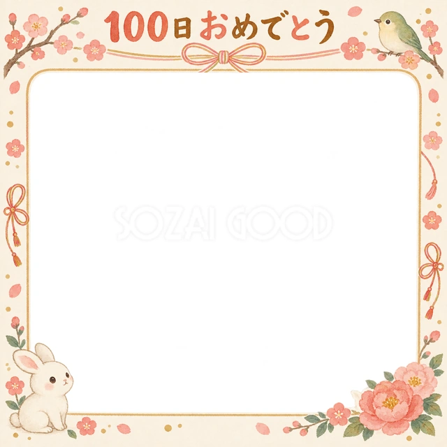 小花と小鳥の記念写真を飾れる、無料のイラスト素材です