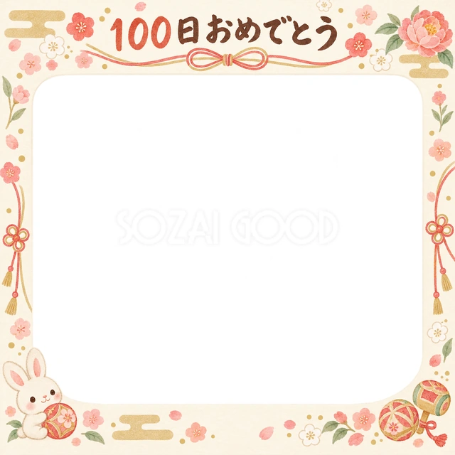 おもちゃと小花の記念写真を飾れる、無料のイラスト素材です