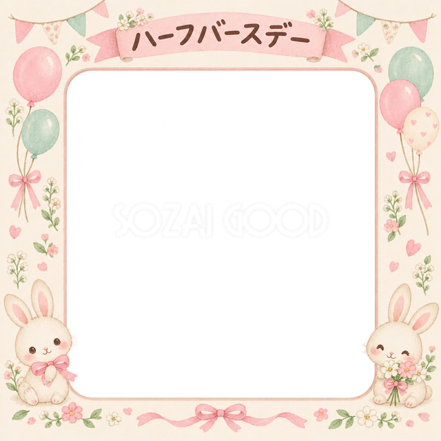 うさぎとリボンの記念写真を飾れる、無料のイラスト素材です