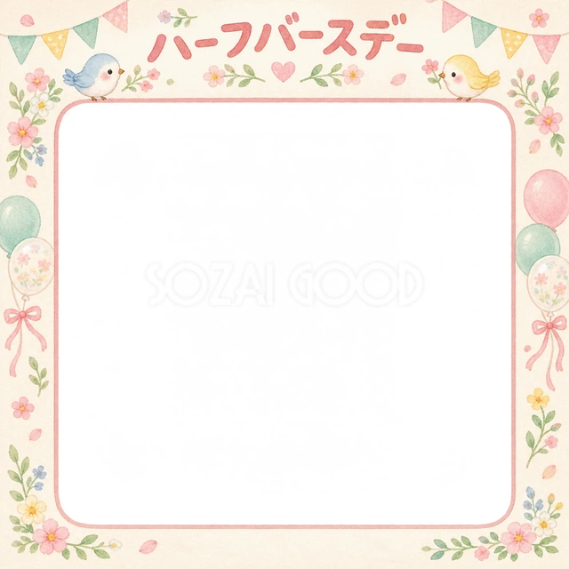 小花と小鳥の記念写真を飾れる、無料のイラスト素材です