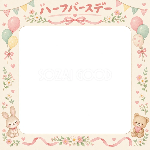 リボンとお祝い飾りの記念写真を飾れる、無料のイラスト素材です