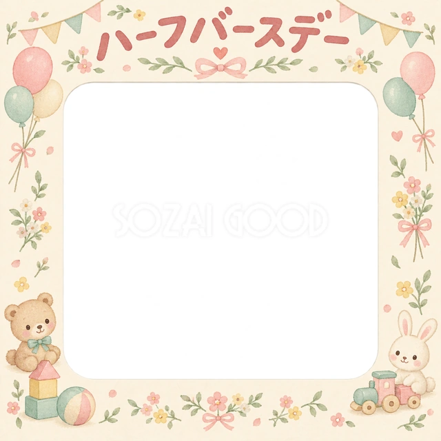 おもちゃと小花の記念写真を飾れる、無料のイラスト素材です