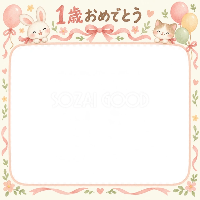 うさぎとリボンの記念写真を飾れる、無料のイラスト素材です