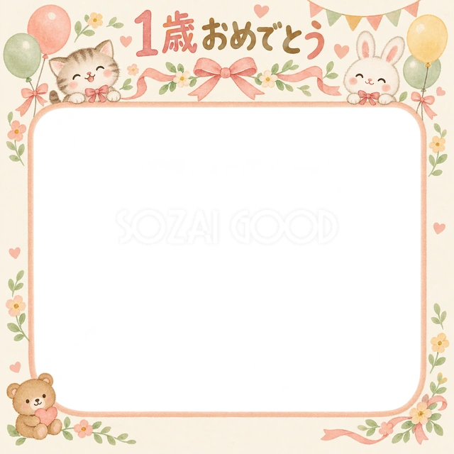 リボンとお祝い飾りの記念写真を飾れる、無料のイラスト素材です