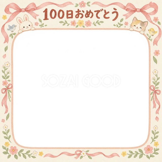 リボンとお祝い飾りの記念写真を飾れる、無料のイラスト素材です
