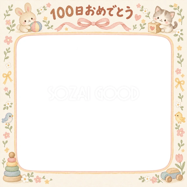 おもちゃと小花の記念写真を飾れる、無料のイラスト素材です