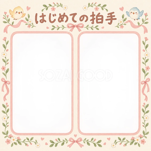 はじめての拍手の記念写真を飾れる、無料のイラスト素材です