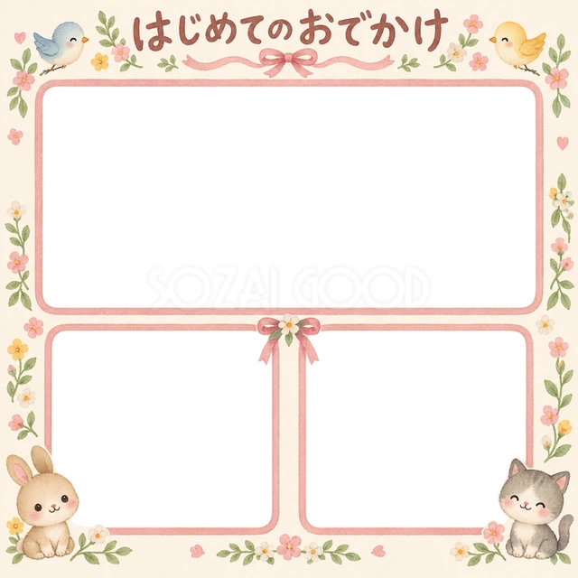 はじめてのおでかけの記念写真を飾れる、無料のイラスト素材です
