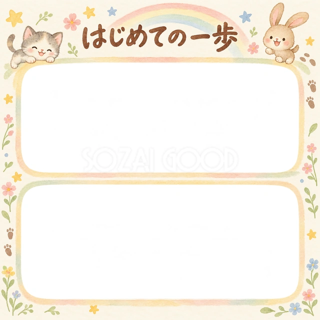 はじめての一歩の記念写真を飾れる、無料のイラスト素材です