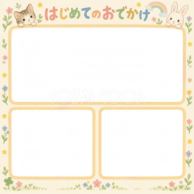 はじめてのおでかけの記念写真を飾れる、無料のイラスト素材です