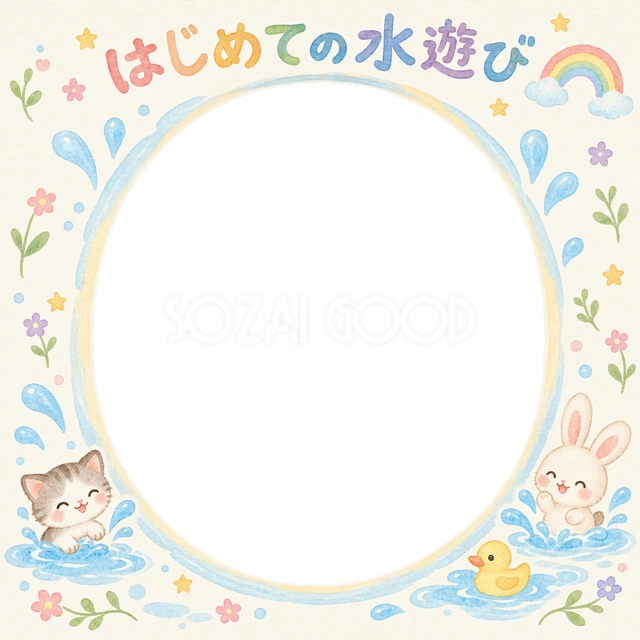 はじめての水遊びの記念写真を飾れる、無料のイラスト素材です