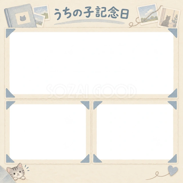 猫のうちの子記念日に使える、サバトラと思い出のアルバムの無料イラスト素材です