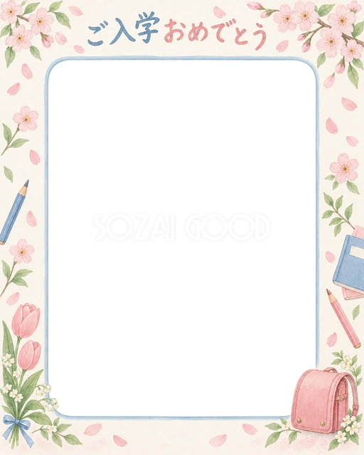入学の記念写真に使える、春の花と通学の小物の無料イラスト素材です