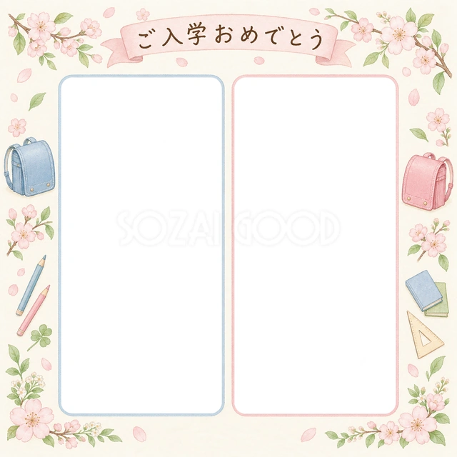 入学の記念写真に使える、ふたつの春の記念写真の無料イラスト素材です