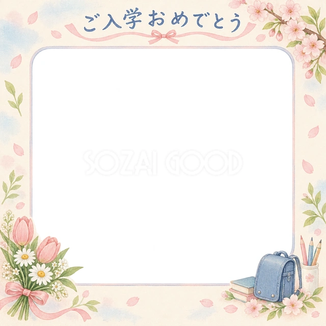 入学の記念写真に使える、春の花束とやさしい光の無料イラスト素材です