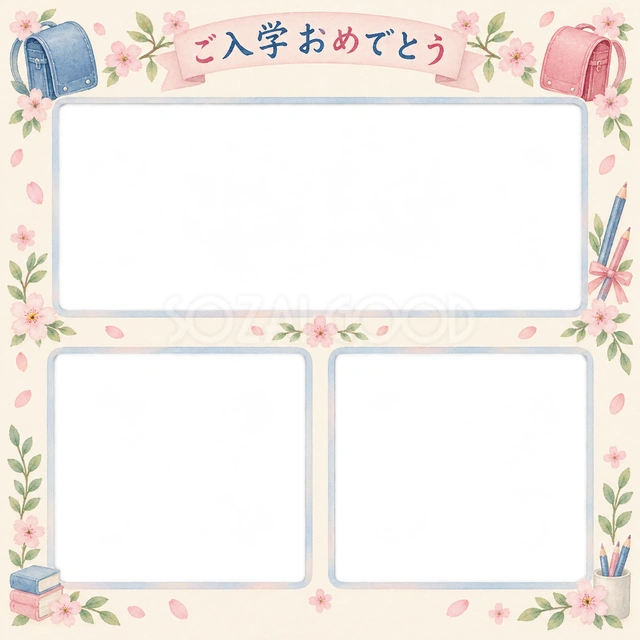 入学の記念写真に使える、三つの思い出アルバムの無料イラスト素材です