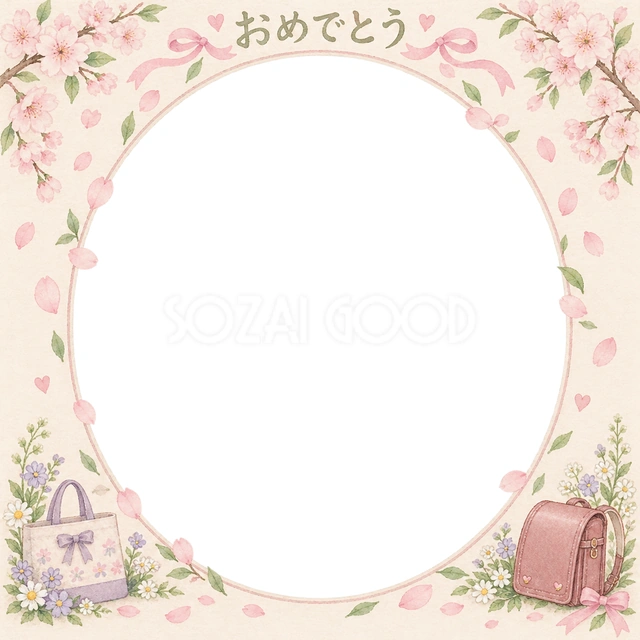 入園・入学の家族の記念写真に使える、桜と花びらの楕円の無料イラスト素材です