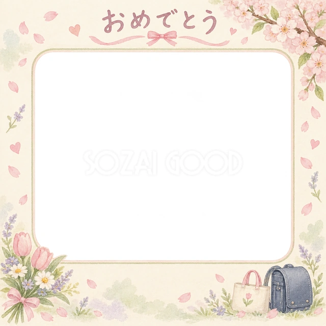 入園・入学の家族の記念写真に使える、春の花束とやさしい光の無料イラスト素材です