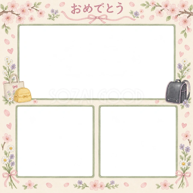 入園・入学の家族の記念写真に使える、三つの思い出アルバムの無料イラスト素材です