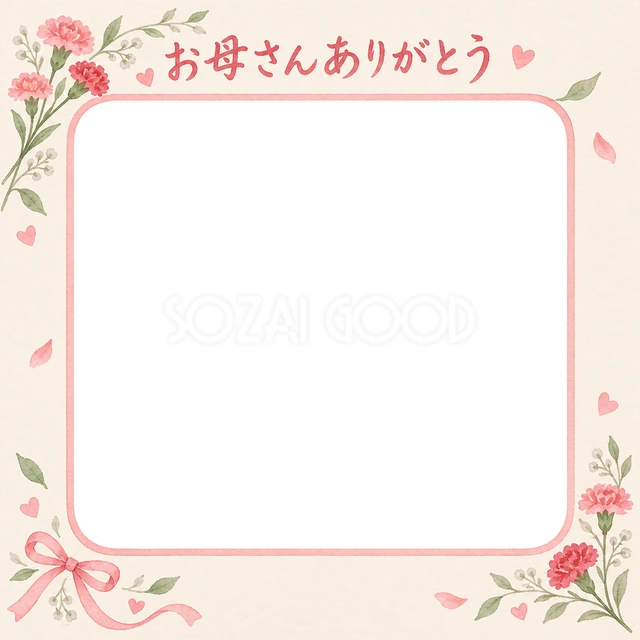 母の日の記念写真に使える、花の枝と小さなリボンの無料イラスト素材です