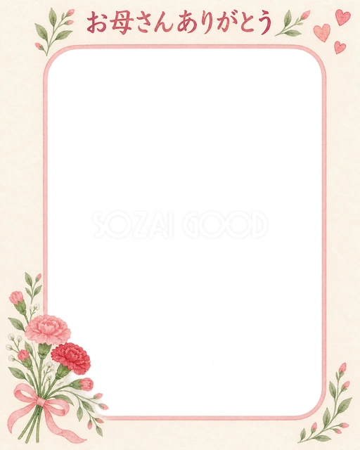 母の日の記念写真に使える、花束を添えた縦長カードの無料イラスト素材です