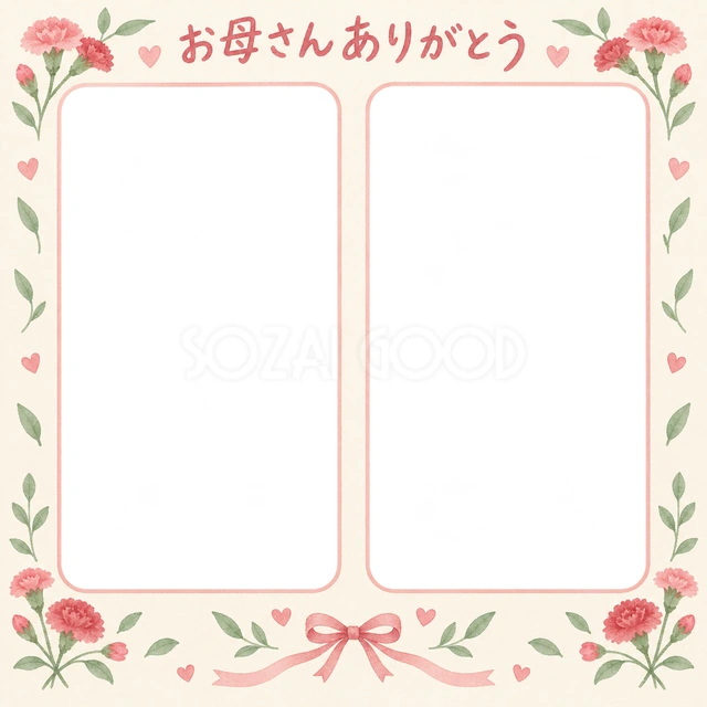 母の日の記念写真に使える、並んだ家族の記念写真の無料イラスト素材です