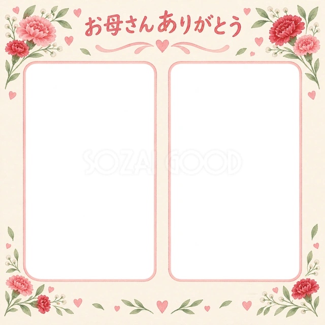 母の日の記念写真に使える、ふたつの笑顔の贈り物の無料イラスト素材です