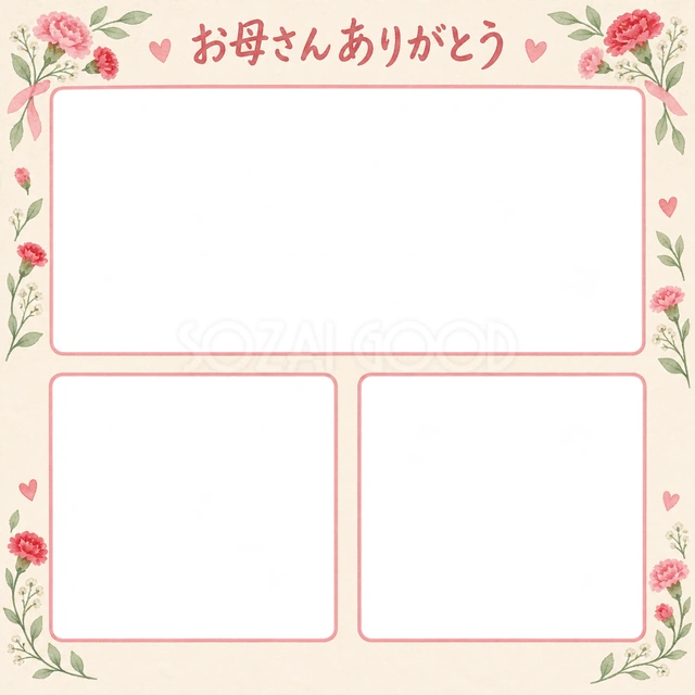 母の日の記念写真に使える、三つの思い出アルバムの無料イラスト素材です