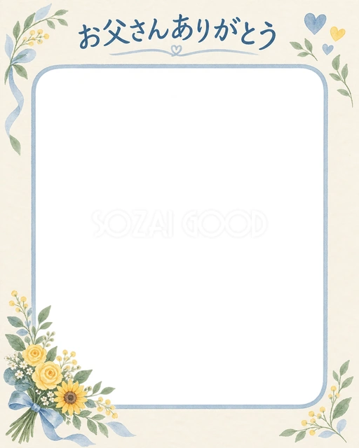 父の日の記念写真に使える、花束を添えた縦長カードの無料イラスト素材です
