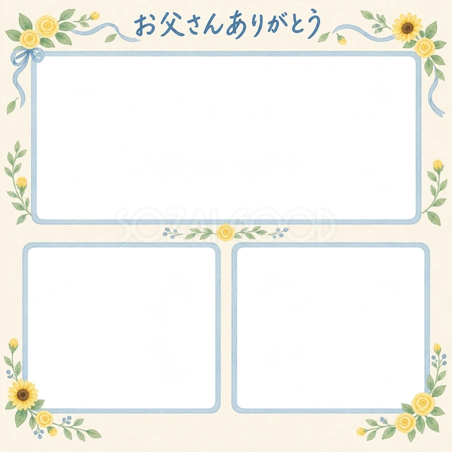 父の日の記念写真に使える、三つの思い出アルバムの無料イラスト素材です