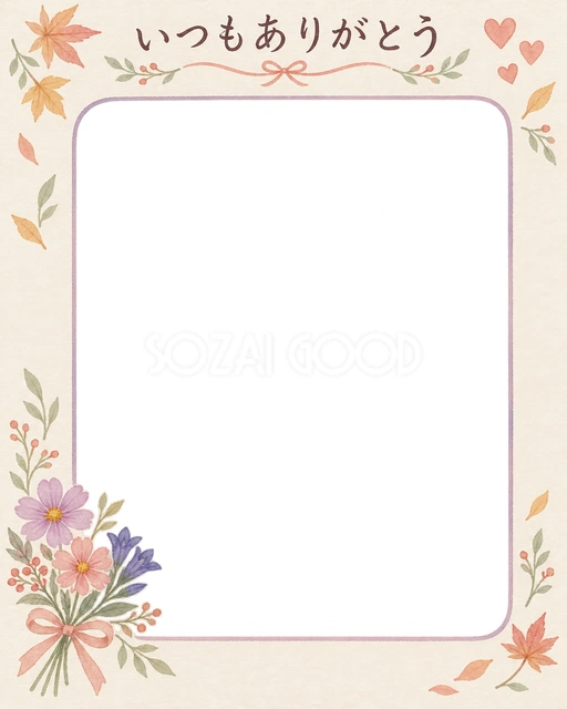 敬老の日の記念写真に使える、花束を添えた縦長カードの無料イラスト素材です