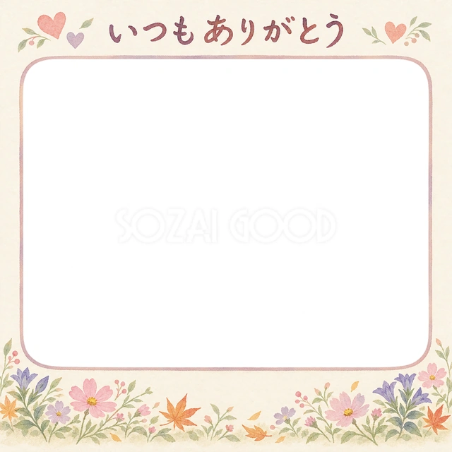 敬老の日の記念写真に使える、花の庭と小さなハートの無料イラスト素材です