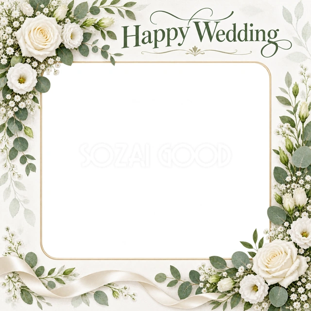 結婚報告や前撮りの写真に使える、花の角飾りと細いリボンの無料イラスト素材です