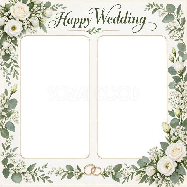 結婚報告や前撮りの写真に使える、並んだふたりの記念写真の無料イラスト素材です