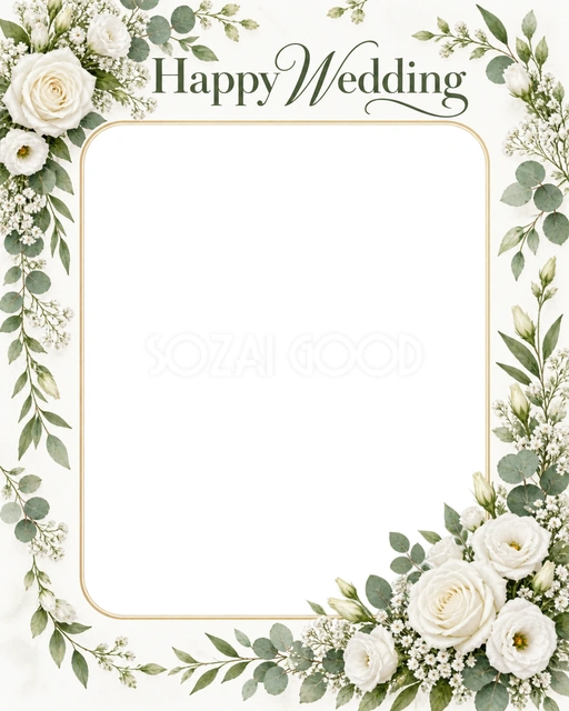 結婚報告や前撮りの写真に使える、やさしい花のゆるやかな花輪の無料イラスト素材です