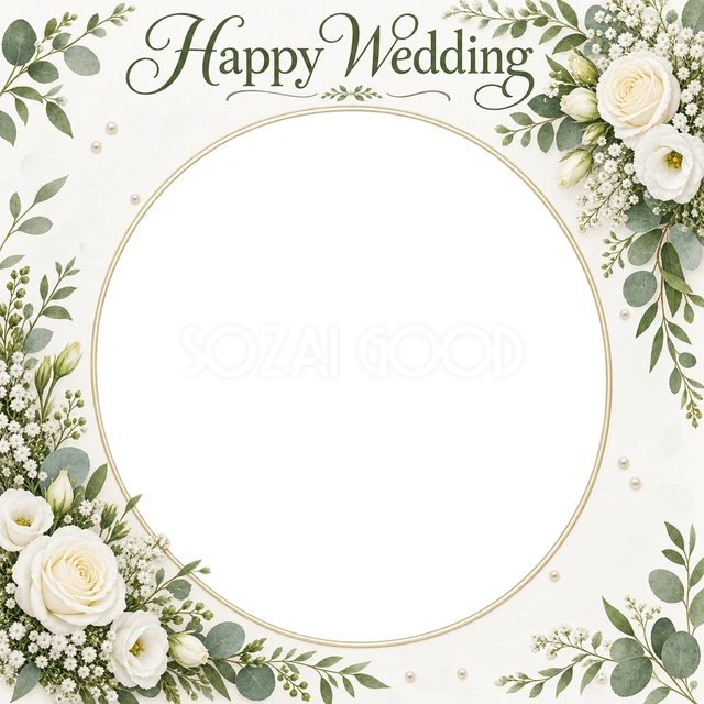 結婚報告や前撮りの写真に使える、花と小さな真珠の楕円の無料イラスト素材です