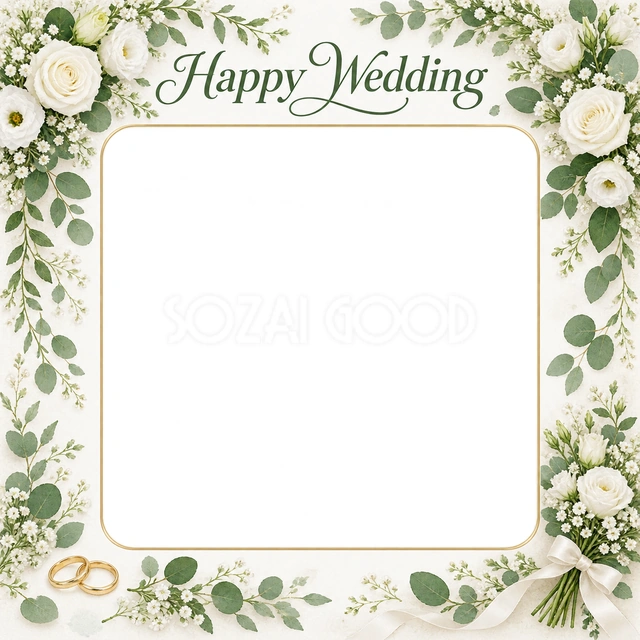 結婚報告や前撮りの写真に使える、花束と小さな指輪の無料イラスト素材です